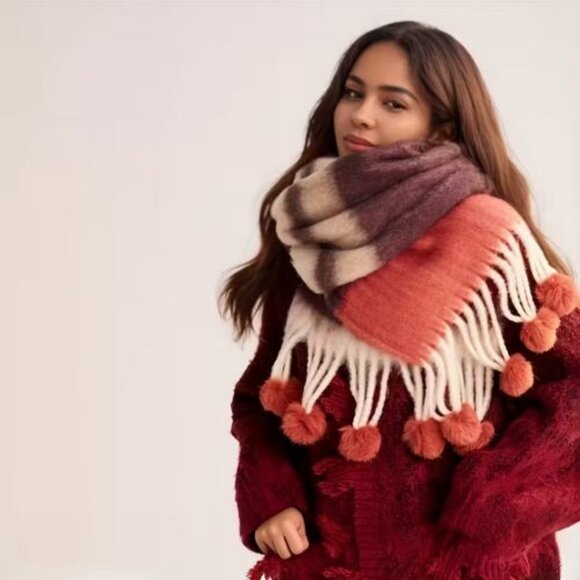 Beautiful Warm and Long Color Block Striped Chunky • Pink And Grey Scarf - Picture 1 of 7